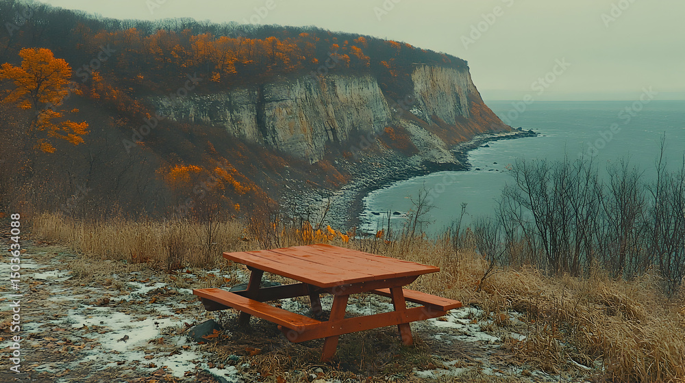 Scenic overlook with picnic table along coastal cliffs in autumn season Scenic overlook with picnic table along coastal cliffs in autumn season