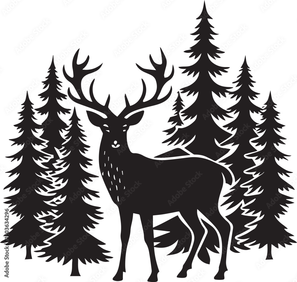 deer with pine trees and forest scenery silhouette vector icon, deer with pine trees and forest scenery illustration deer with pine trees and forest scenery silhouette vector icon, deer with pine trees and forest scenery illustration