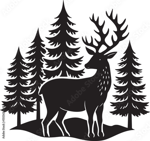 deer with pine trees and forest scenery silhouette vector icon, deer with pine trees and forest scenery illustration