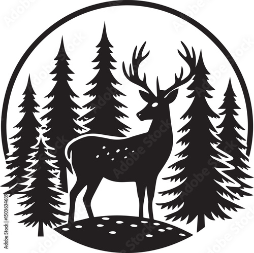 deer with pine trees and forest scenery silhouette vector icon, deer with pine trees and forest scenery illustration