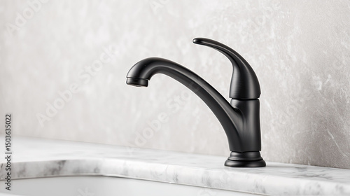 Black kitchen faucet on marble countertop with gray wall