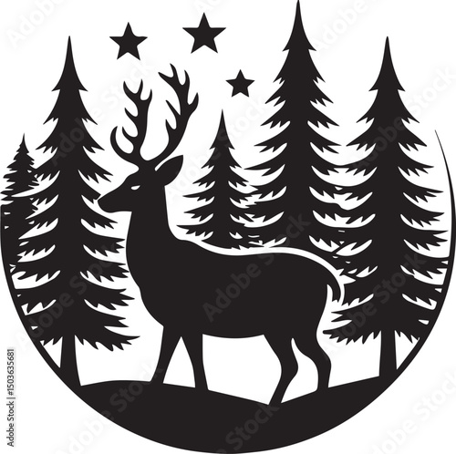 deer with pine trees and forest scenery silhouette vector icon, deer with pine trees and forest scenery illustration