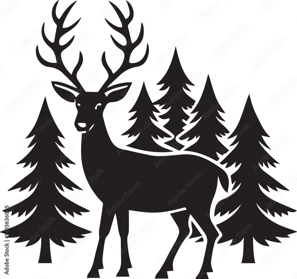 Obraz premium deer with pine trees and forest scenery silhouette vector icon, deer with pine trees and forest scenery illustration