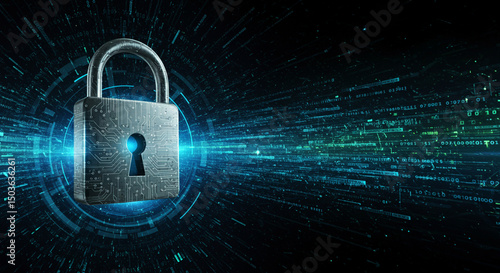 Fundo escuro com um cadeado digital feito de luzes ou partículas, representando segurança digital.