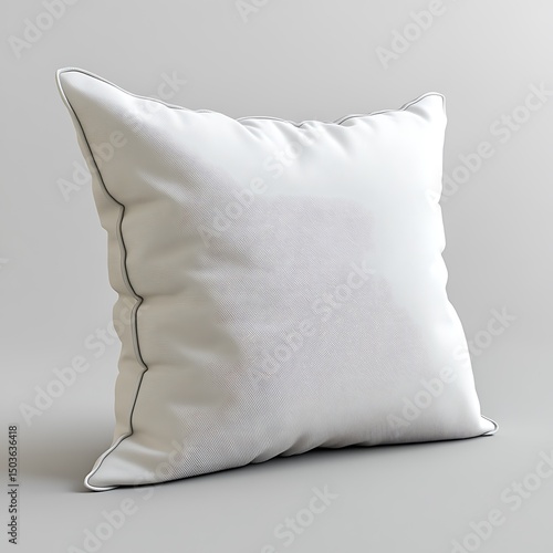 A square white pillow on a gray background with piping detail