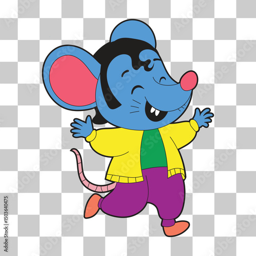 Illustration of a happy mouse in flat or lowbrow art style. Features a joyful cartoon rodent with playful expression. Suitable for kids' designs, fun animal graphics, stories, or decorative artwork.