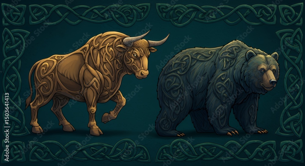 Fototapeta premium Celtic Knotwork Bull and Bear: A Mystical Artwork