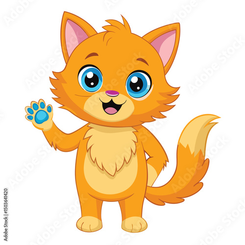 A fluffy orange kitten with wide blue eyes stands on its hind legs with a paw raised and its mouth open
 with white background