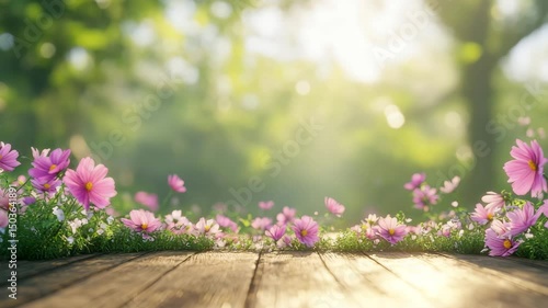Spring flowers bloom in sunlit garden with pink cosmos on wooden surface, fresh green nature and soft sunlight creating peaceful outdoor atmosphere and natural bloom