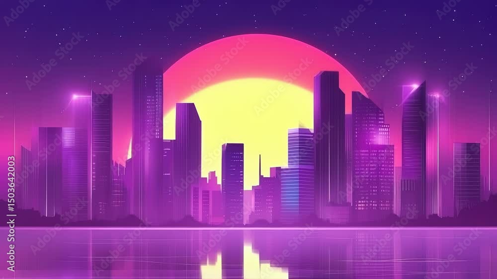 Synthwave Cityscape Reflection: An 80s Inspired Neon Urban Landscape at Sunset Synthwave Cityscape Reflection: An 80s Inspired Neon Urban Landscape at Sunset