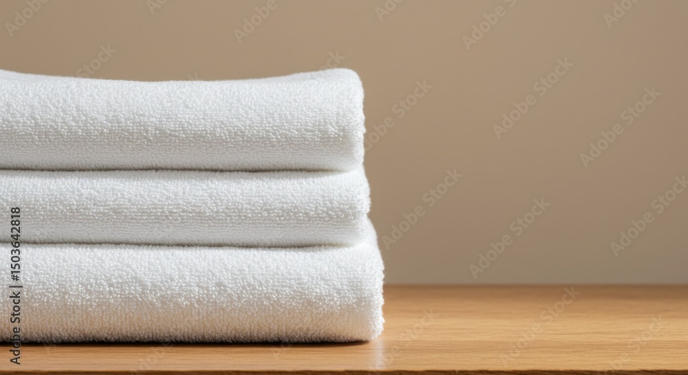 Stacked white towels neatly placed on wood Stacked white towels neatly placed on wood