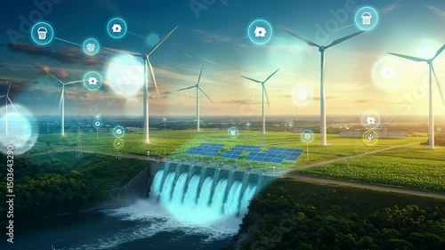 Sustainable energy panorama: wind turbines, solar panels, and hydroelectric power converge