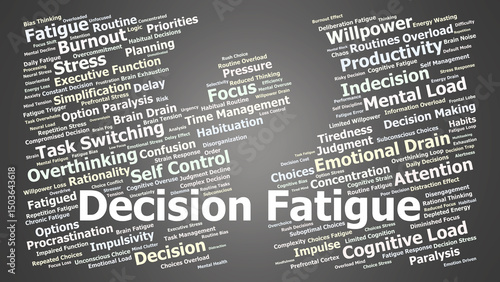 Decision Fatigue Word Cloud. Mental exhaustion and self-control loss from daily choices.