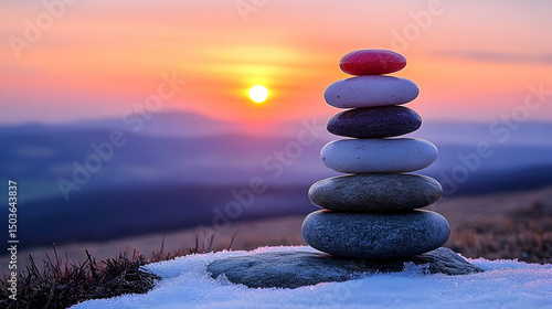 Zenith Balance: A Stacked Stone Cairn Silhouetted by a Vibrant Mountain Sunrise