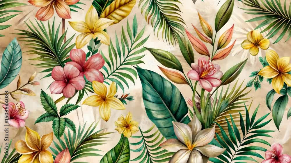 Seamless Tropical Floral Pattern Animation with Lush Green Leaves and Vibrant Colorful Blossoms Seamless Tropical Floral Pattern Animation with Lush Green Leaves and Vibrant Colorful Blossoms