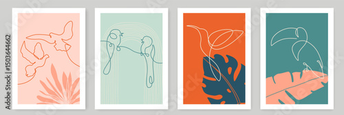 Set of Minimal Posters for Wall Art Design with Line Drawing Birds and Tropical Leaves. Mid Century Modern Wall Art Cards. Trendy Modern Artistic Abstract Vector Background Design.	