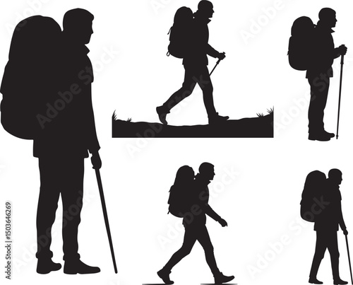 Backpack travelers hiking silhouette vector illustration