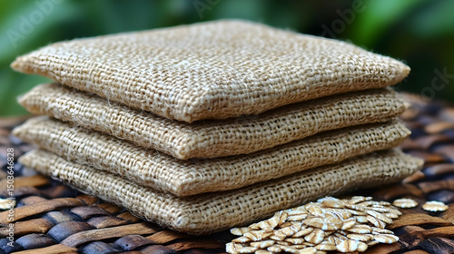 Stacked burlap coasters with oatmeal, embodying rustic charm and functionality