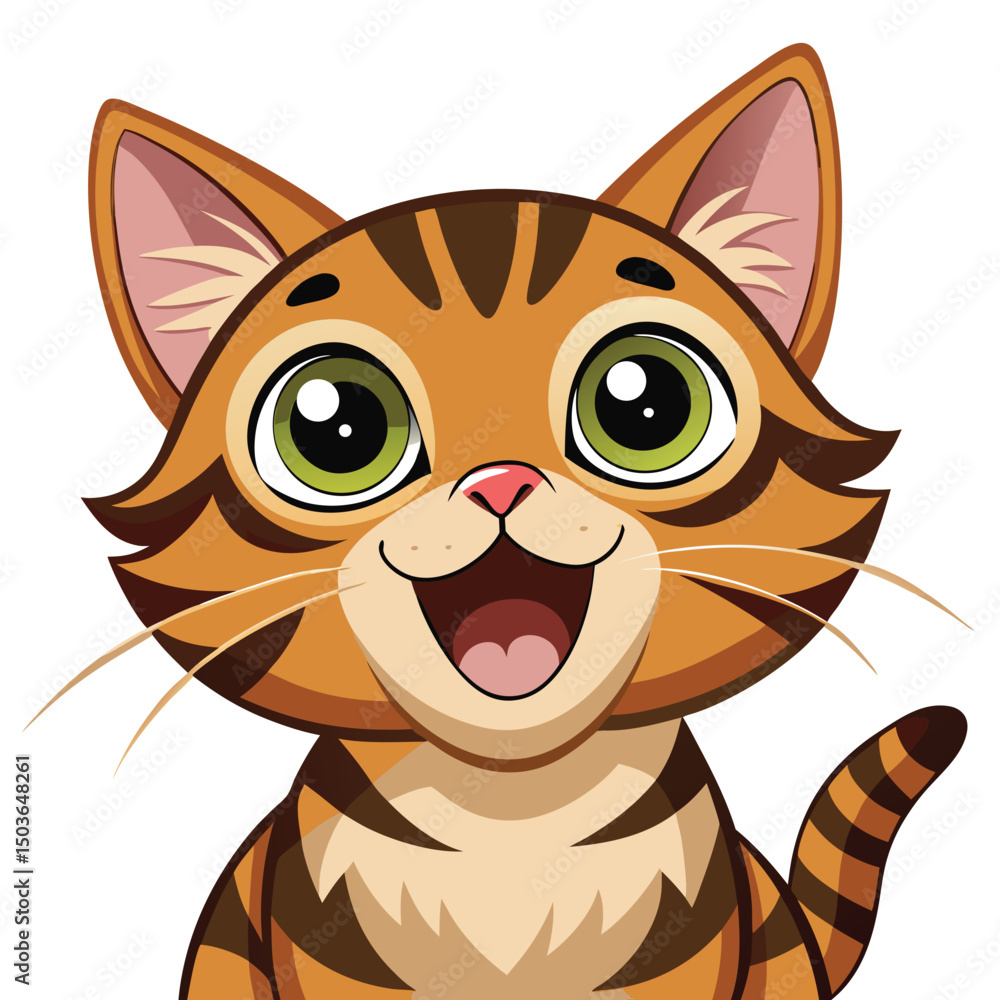 Obraz premium A wide-eyed tabby kitten with its mouth open in a happy expression looks upwards with white background