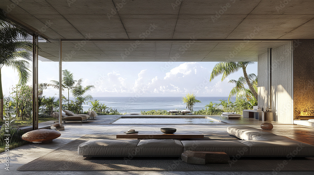 Fototapeta premium serene oceanfront property featuring modern architecture, lush greenery, and tranquil pool
