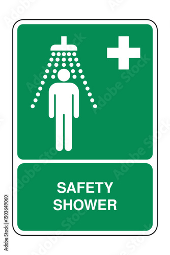 Safety Shower Emergency Sign with Explanation – Green and White Icon Indicating Chemical Decontamination Facility – High Quality Vectorial Image