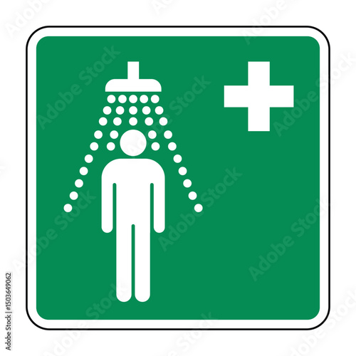 Safety Shower Emergency Sign – Green and White Icon Indicating Chemical Decontamination Facility – High Quality Vectorial Image