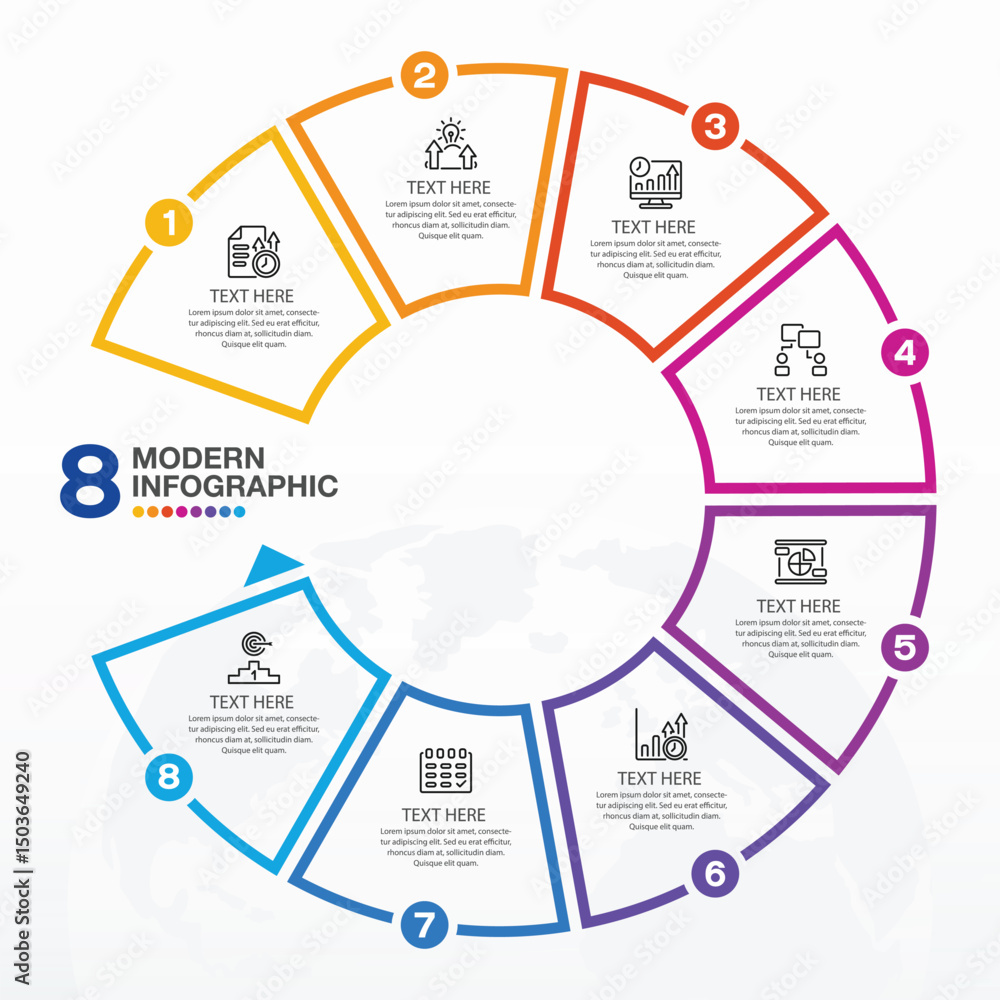 Infographic design with circle for business template. Vector 8 steps. Infographic design with circle for business template. Vector 8 steps.