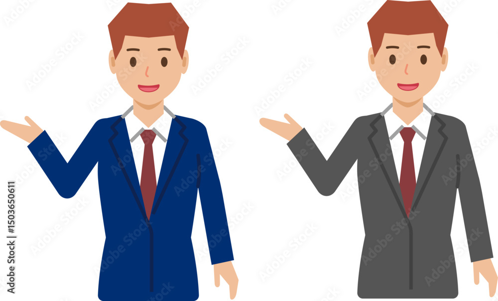 「こちらへ」と笑顔のベリーショートの若い男性。スーツ姿の上半身 「こちらへ」と笑顔のベリーショートの若い男性。スーツ姿の上半身