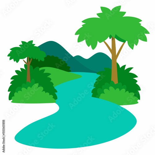 River in the dark green forest vector landscape on white background.