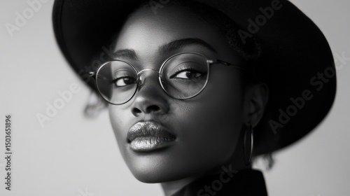 Elegant portrait of a young woman in glasses and a hat in black and white
