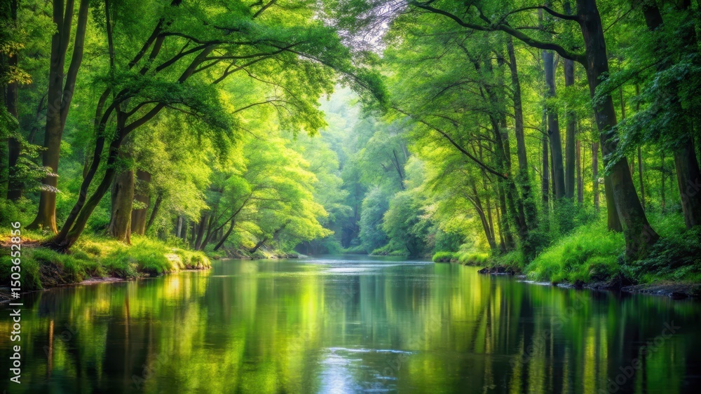 Dense forest with a serene river flowing gently through the center, surrounded by tall trees and lush greenery, river Dense forest with a serene river flowing gently through the center, surrounded by tall trees and lush greenery, river