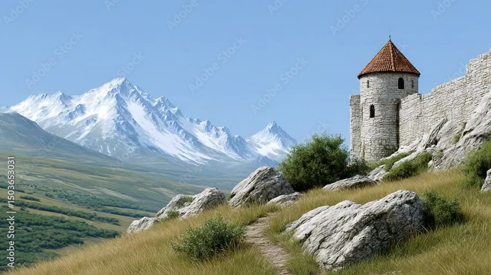 Stone Fortress on the Mountain: A medieval stone castle stands sentinel on a rugged mountain peak, a testament to history against a backdrop of towering snow-capped mountains and a bright blue sky. Stone Fortress on the Mountain: A medieval stone castle stands sentinel on a rugged mountain peak, a testament to history against a backdrop of towering snow-capped mountains and a bright blue sky.