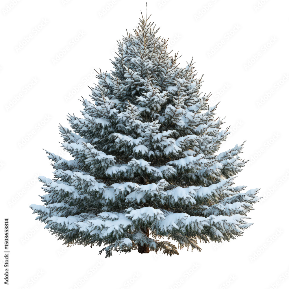Fototapeta premium Evergreen tree draped in freshly fallen snow winter season isolated element