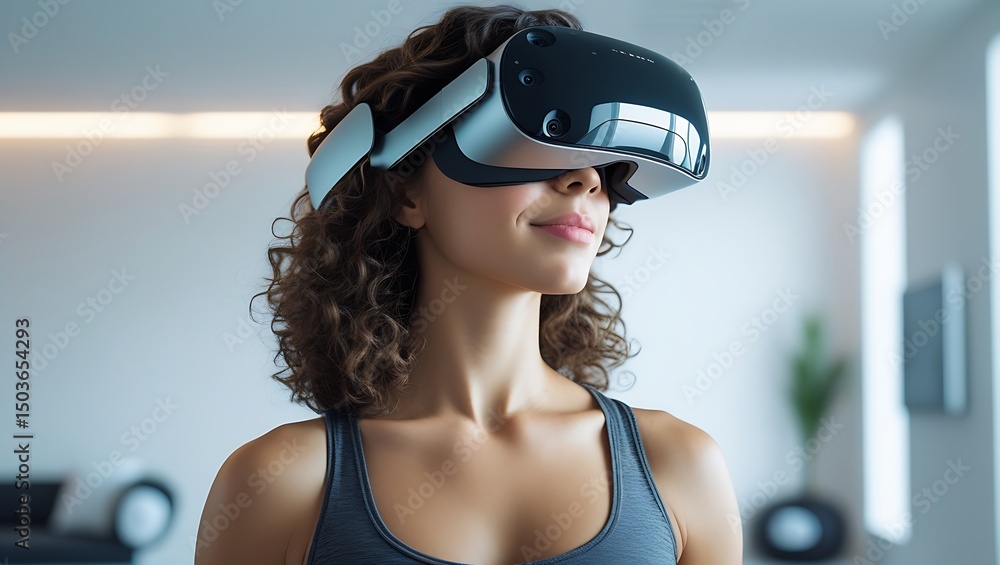 Naklejka premium Fit Woman Experiencing Virtual Reality in Minimalist Room