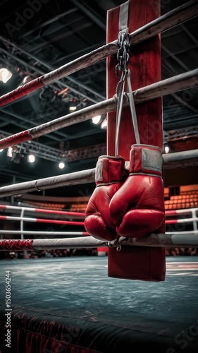 Dramatic view of a pair of red boxing gloves hanging from a post in an empty boxing ring under the bright lights of a sporting venue.