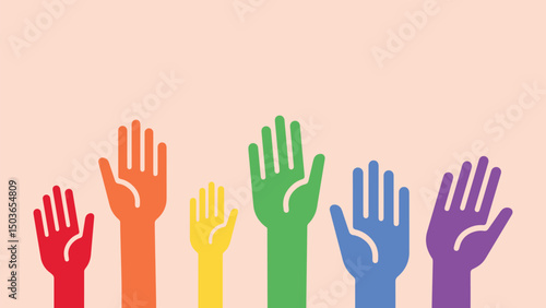rainbow hands reaching up, lgbt pride month banner, simple flat style