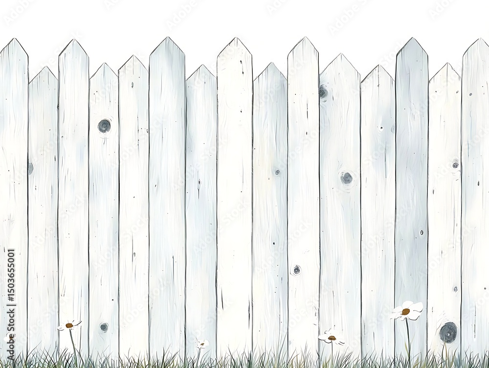 White picket fence with daisies, and grass. White picket fence with daisies, and grass.