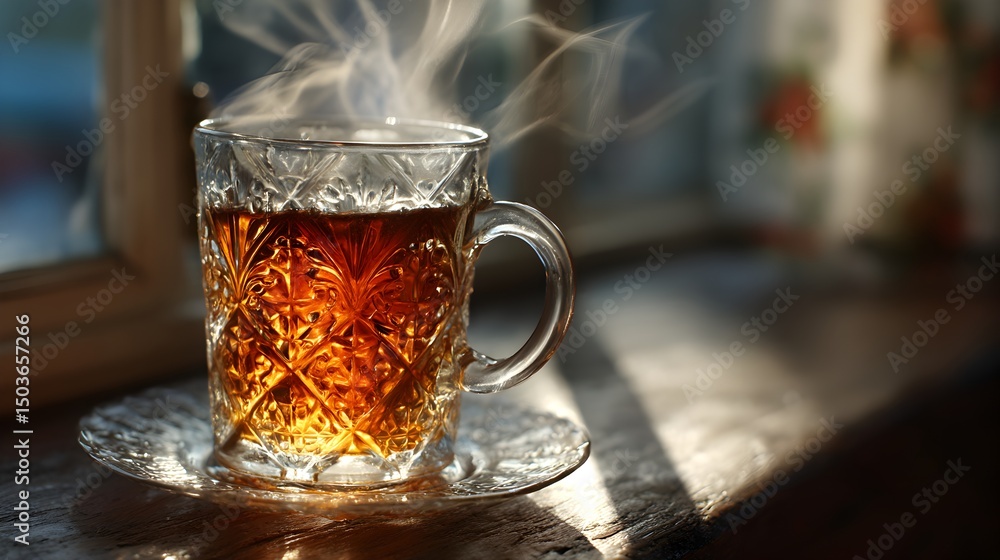 A steaming cup of tea sits on a ill in the sunlight warming a cold winter day. A steaming cup of tea sits on a ill in the sunlight warming a cold winter day.