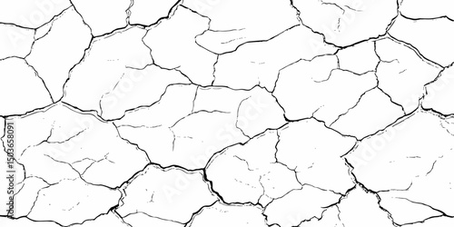 Abstract white brick wall with black grout lines shows a cracked and aged texture, and tear on the surface of the brick pattern	