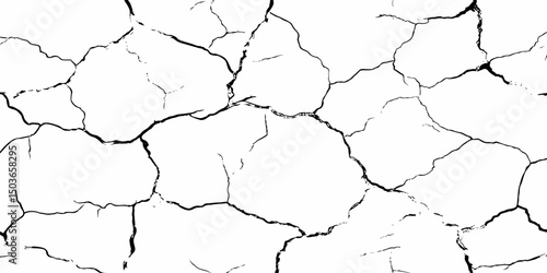 Abstract white brick wall with black grout lines shows a cracked and aged texture, and tear on the surface of the brick pattern	