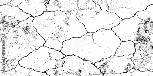 Abstract white brick wall with black grout lines shows a cracked and aged texture, and tear on the surface of the brick pattern	