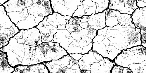 Abstract white brick wall with black grout lines shows a cracked and aged texture, and tear on the surface of the brick pattern	
