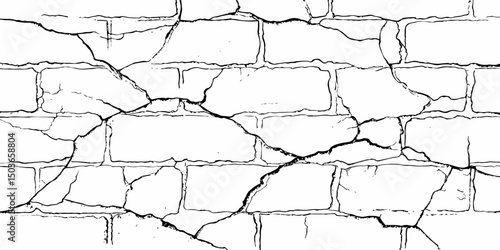 Abstract white brick wall with black grout lines shows a cracked and aged texture, and tear on the surface of the brick pattern	