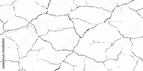 Abstract white brick wall with black grout lines shows a cracked and aged texture, and tear on the surface of the brick pattern	