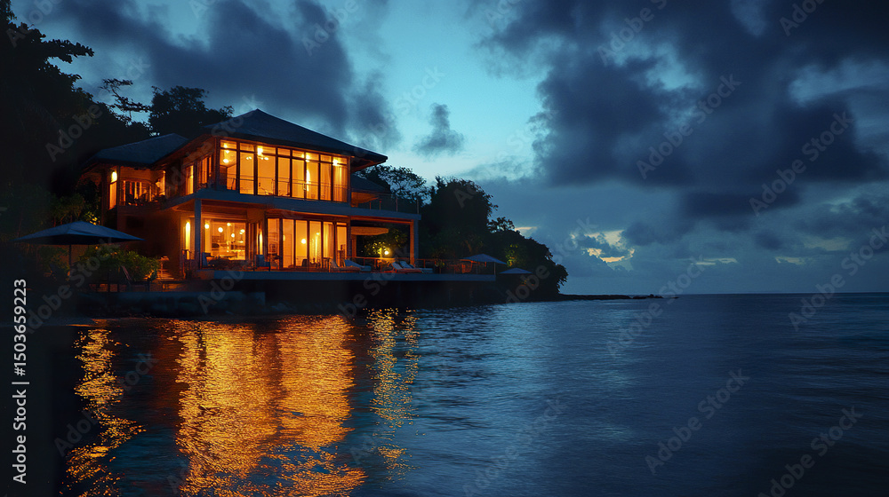 Fototapeta premium Luxurious oceanfront property with stunning sunset reflections and serene atmosphere