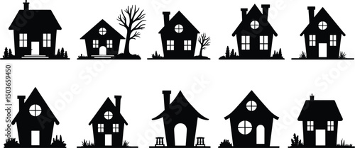 Haunted House Silhouettes – Vector Black Halloween Spooky House Clipart Set