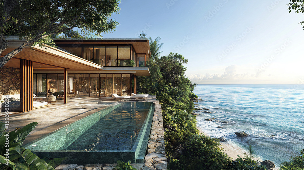 Obraz premium Luxurious oceanfront villa with stunning pool and tropical surroundings, perfect for relaxation