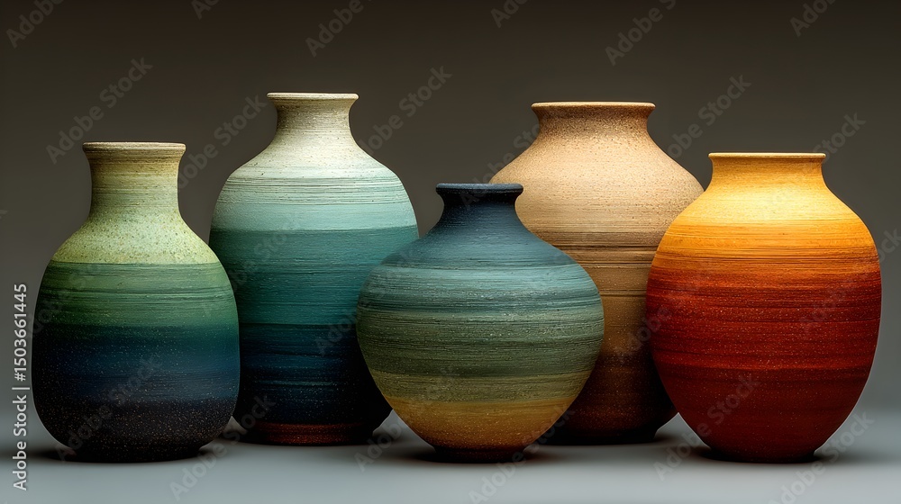 A collection of six handcrafted ceramic vases displays a gradient of earthy tones and subtle textures on a neutral background. A collection of six handcrafted ceramic vases displays a gradient of earthy tones and subtle textures on a neutral background.