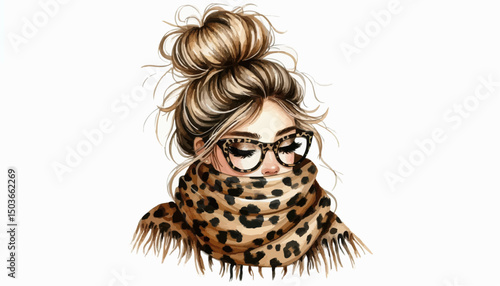 woman with long hair, messy hair bun with cheetah print glasses and cheetah print scarf 