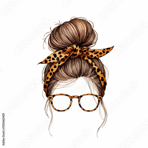 Messy hair bun with cheetah print glasses and cheetah print scarf 